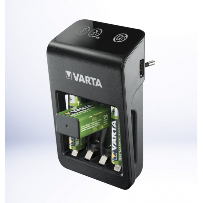 Caricabatterie Varta LCD Plug Charger+ con porta USB e 4 Stilo AA INCLUSE