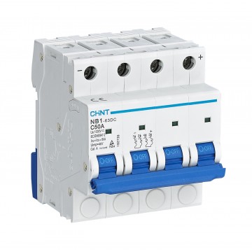 Interruttore magnetotermico in corrente continua per fotovoltaico CHINT 4P 16A 1000Vdc 6kA Curva C 4M NB1-63/DC16-4P-6 182734